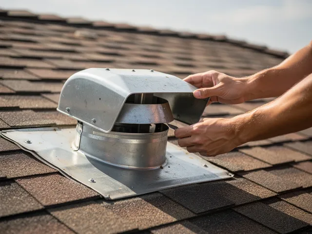 Duxbury Dryer Vent Cleaning certified technician safely cleaning a roof-mounted dryer vent in Duxbury