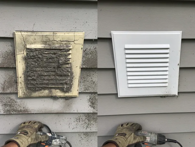 Duxbury Dryer Vent Cleaning technician installing high-quality dryer vent cover at a residential property in Duxbury