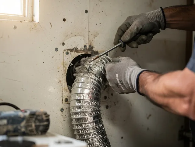 Duxbury Dryer Vent Cleaning technician performing precise dryer vent hose installation in Duxbury